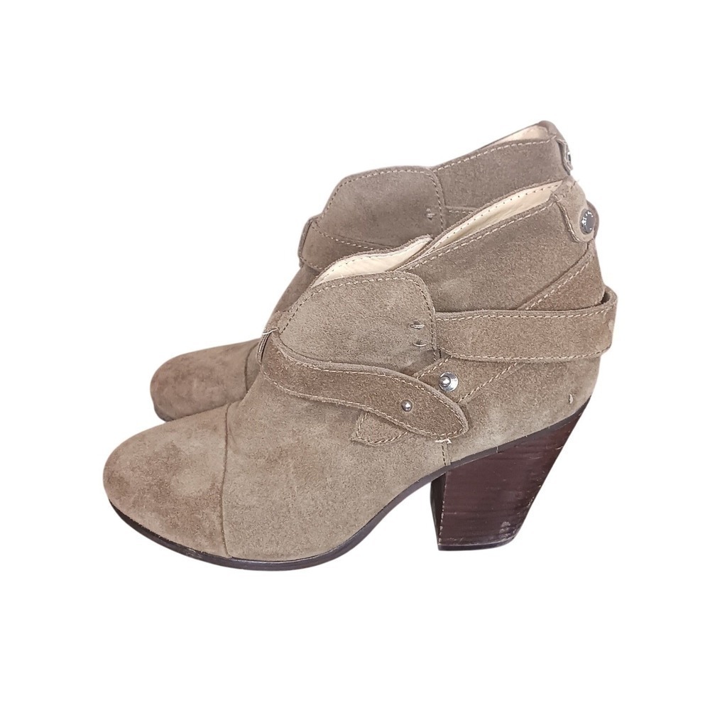 Rag & Bone Harrow Ankle Boots Suede Wrap Strap Stacked Heel Taupe Womens 37